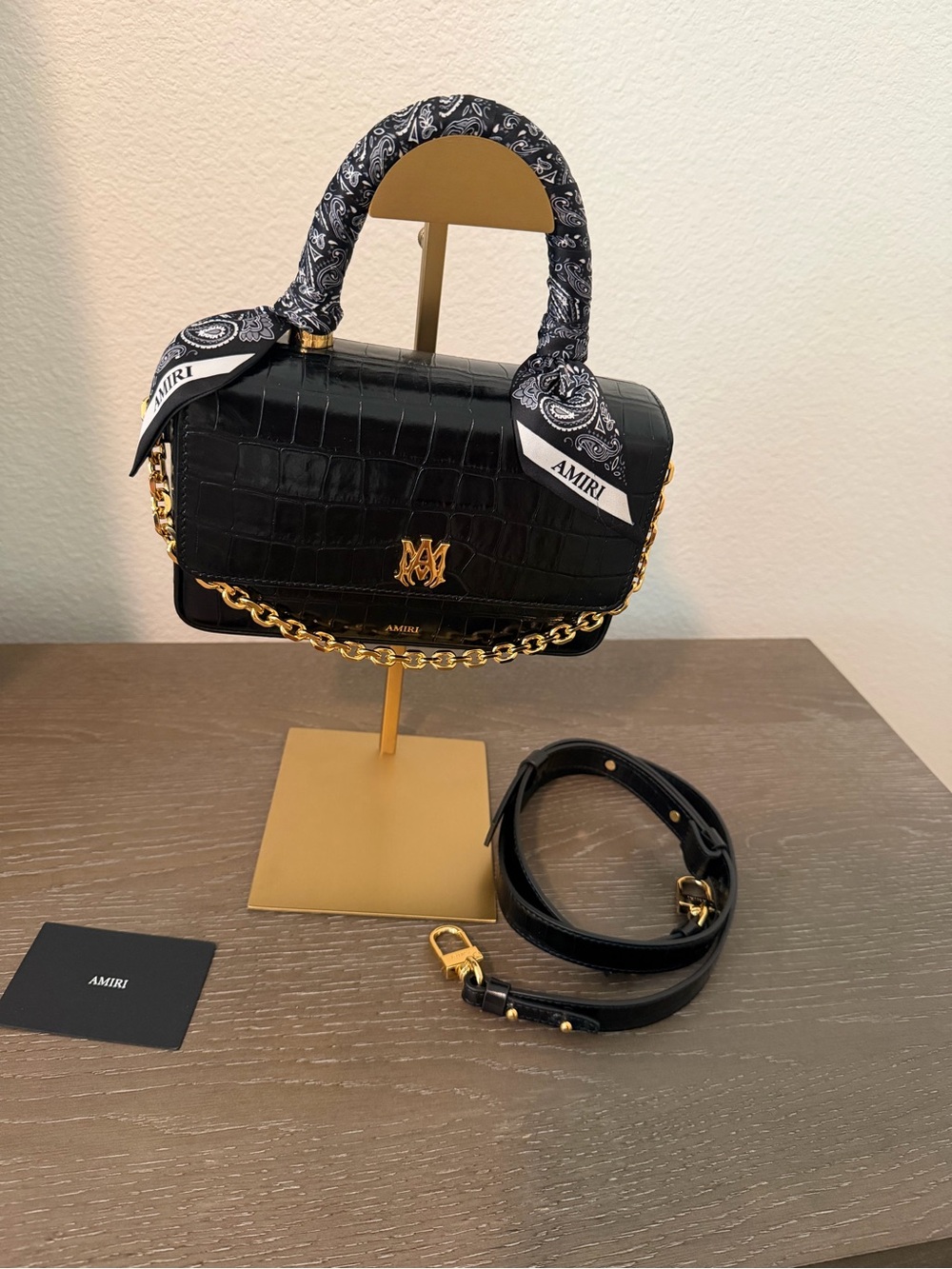 AMIRI Black Croc-Embossed Leather Shoulder Bag with Gold Hardware